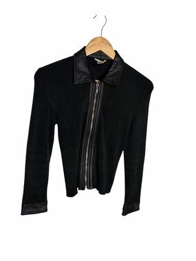 Vintage Y2K Cache black ribbed leather trim silk zip front Bikercore blouse M